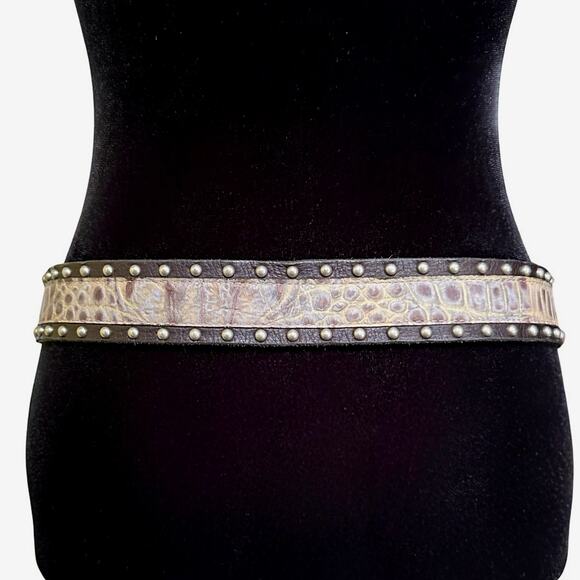 Gabriel B USA Made Leatherock Belt Studded Silver Buckle Brown Croc CZ Leather L main image 6